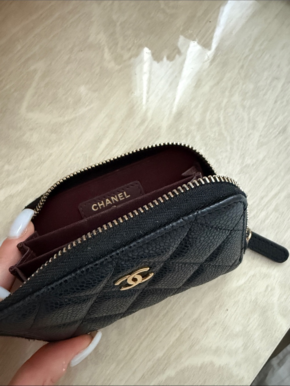 CHANEL Black Quilted Caviar Leather Zip Around Coin Wallet with Gold CC - Picture 3 of 6